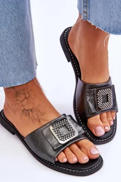 Damskie Skórzane Klapki Z Dżetami S.Barski KV-2775-33 Ciemnosrebrne