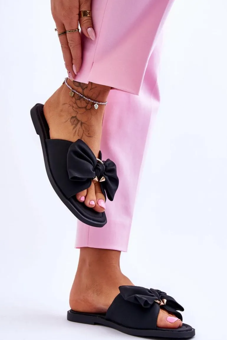 Damskie Skórzane Klapki Z Kokardą Czarne Becky