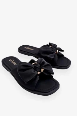 Damskie Skórzane Klapki Z Kokardą Czarne Becky
