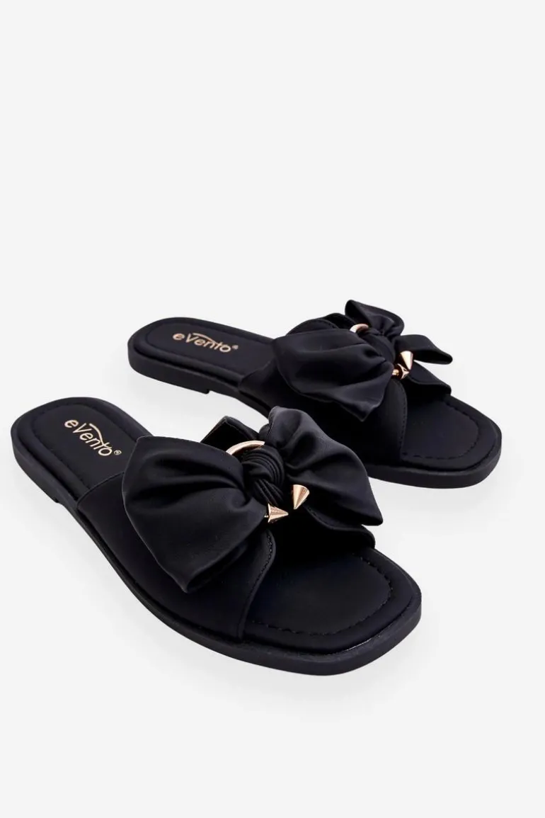 Damskie Skórzane Klapki Z Kokardą Czarne Becky