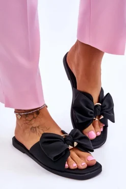 Damskie Skórzane Klapki Z Kokardą Czarne Becky