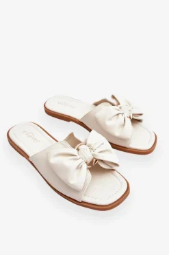 Damskie Skórzane Klapki Z Kokardą Białe Becky