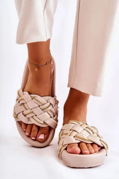 Damskie Skórzane Klapki Z Łańcuszkiem Beżowe Soline