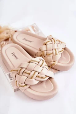 Damskie Skórzane Klapki Z Łańcuszkiem Beżowe Soline