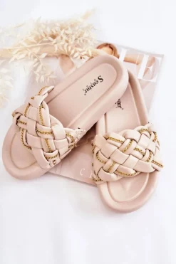 Damskie Skórzane Klapki Z Łańcuszkiem Beżowe Soline