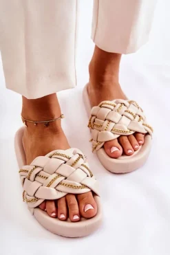 Damskie Skórzane Klapki Z Łańcuszkiem Beżowe Soline