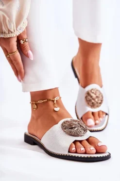 Damskie Skórzane Klapki Z Ozdobą Srebrne Colene