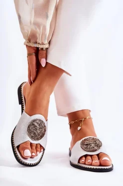 Damskie Skórzane Klapki Z Ozdobą Srebrne Colene