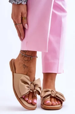 Damskie Skórzane Klapki Z Kokardą Beżowe Becky