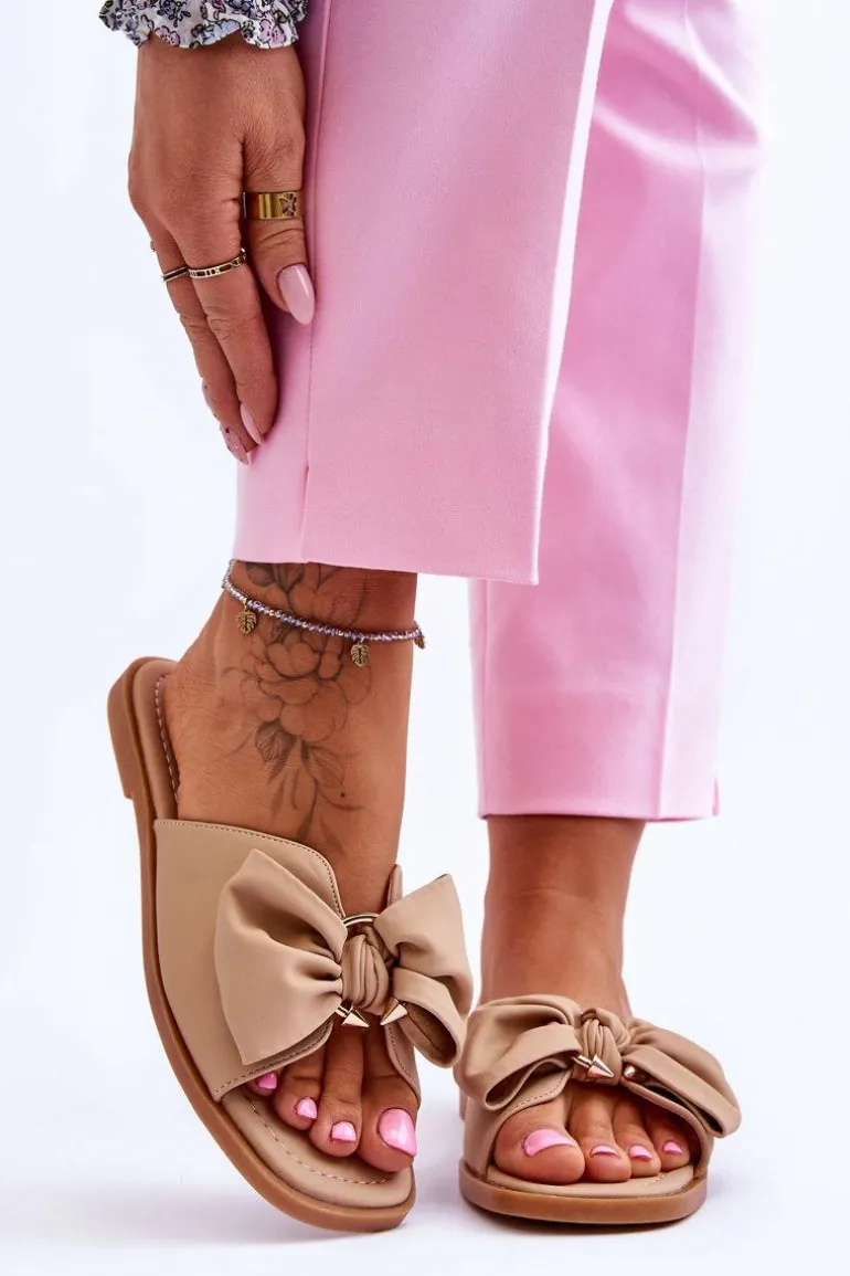 Damskie Skórzane Klapki Z Kokardą Beżowe Becky