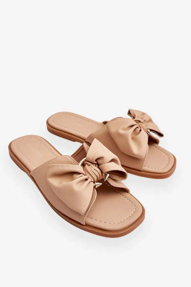 Damskie Skórzane Klapki Z Kokardą Beżowe Becky