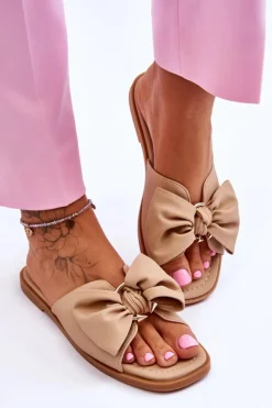 Damskie Skórzane Klapki Z Kokardą Beżowe Becky