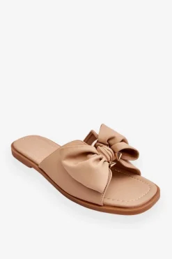 Damskie Skórzane Klapki Z Kokardą Beżowe Becky