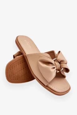 Damskie Skórzane Klapki Z Kokardą Beżowe Becky