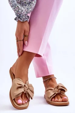 Damskie Skórzane Klapki Z Kokardą Beżowe Becky