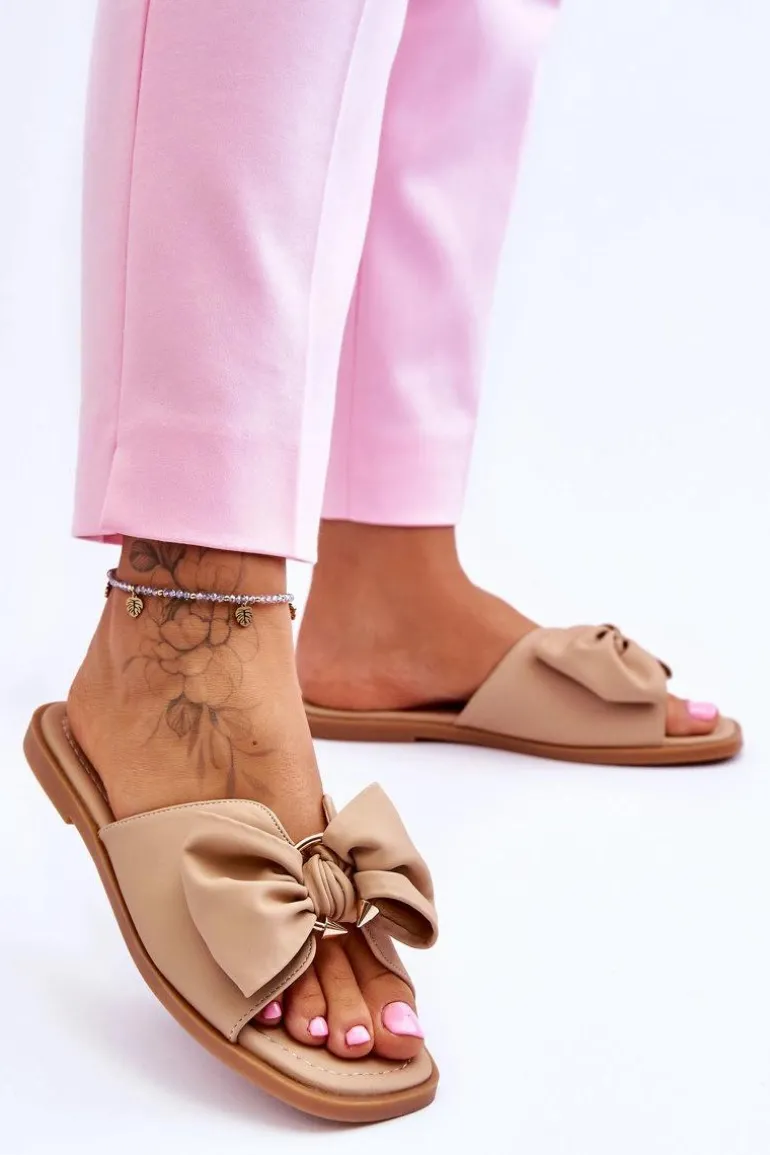 Damskie Skórzane Klapki Z Kokardą Beżowe Becky