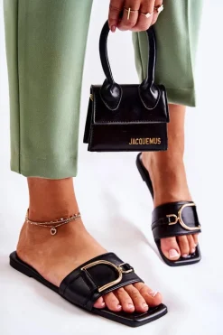 Damskie Skórzane Klasyczne Klapki Z Ozdobą Czarne Shilla