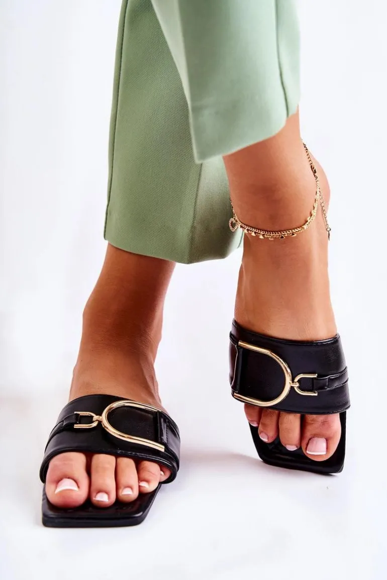 Damskie Skórzane Klasyczne Klapki Z Ozdobą Czarne Shilla