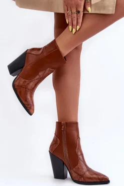 Damskie Skórzane Kowbojki Botki Brązowe Fiorene