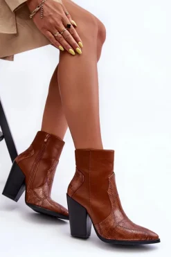 Damskie Skórzane Kowbojki Botki Brązowe Fiorene