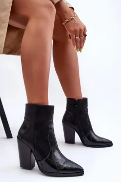 Damskie Skórzane Kowbojki Botki Czarne Fiorene