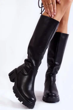Damskie Skórzane Kozaki Do Kolana Czarne Caldera