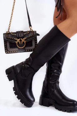 Damskie Skórzane Kozaki Do Kolana Czarne Caldera