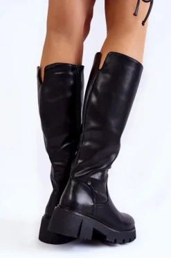 Damskie Skórzane Kozaki Do Kolana Czarne Caldera