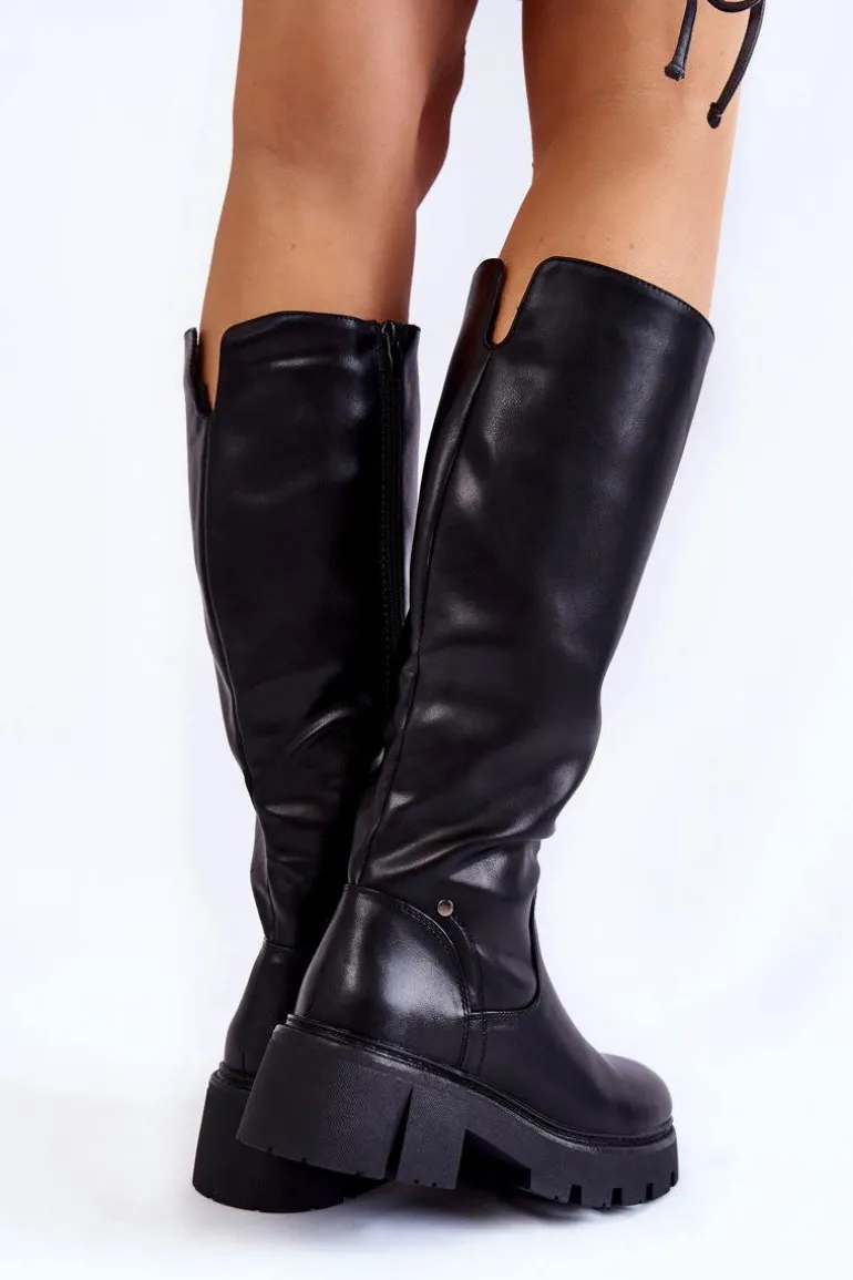 Damskie Skórzane Kozaki Do Kolana Czarne Caldera