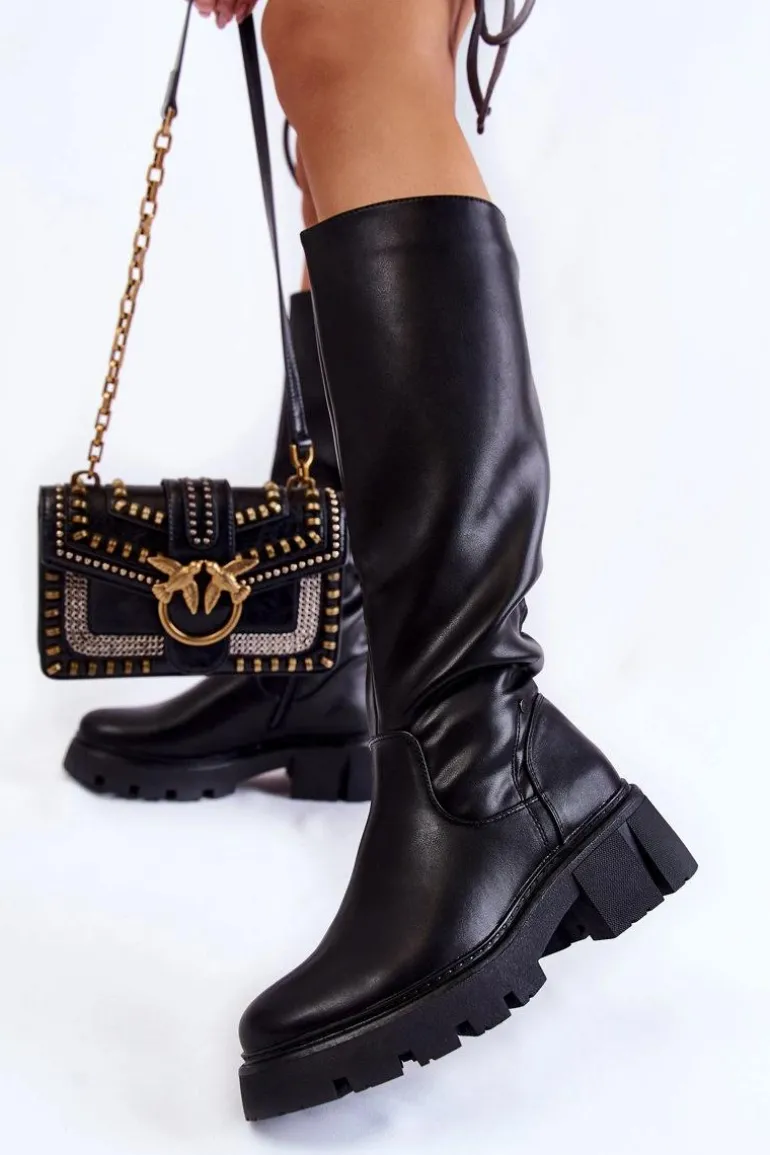 Damskie Skórzane Kozaki Do Kolana Czarne Caldera