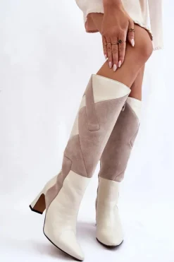 Damskie Skórzane Kozaki Do Kolan Maciejka 05784-22 Jasnobeżowe