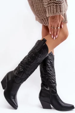Damskie Skórzane Kozaki Kowbojki Na Słupku Czarne Sloana