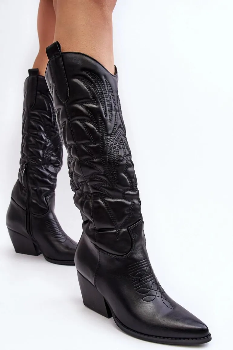 Damskie Skórzane Kozaki Kowbojki Na Słupku Czarne Sloana