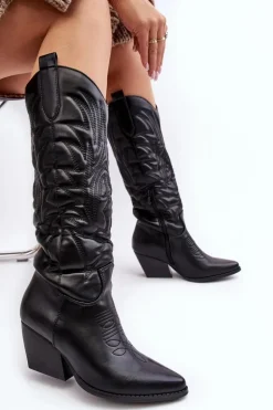 Damskie Skórzane Kozaki Kowbojki Na Słupku Czarne Sloana