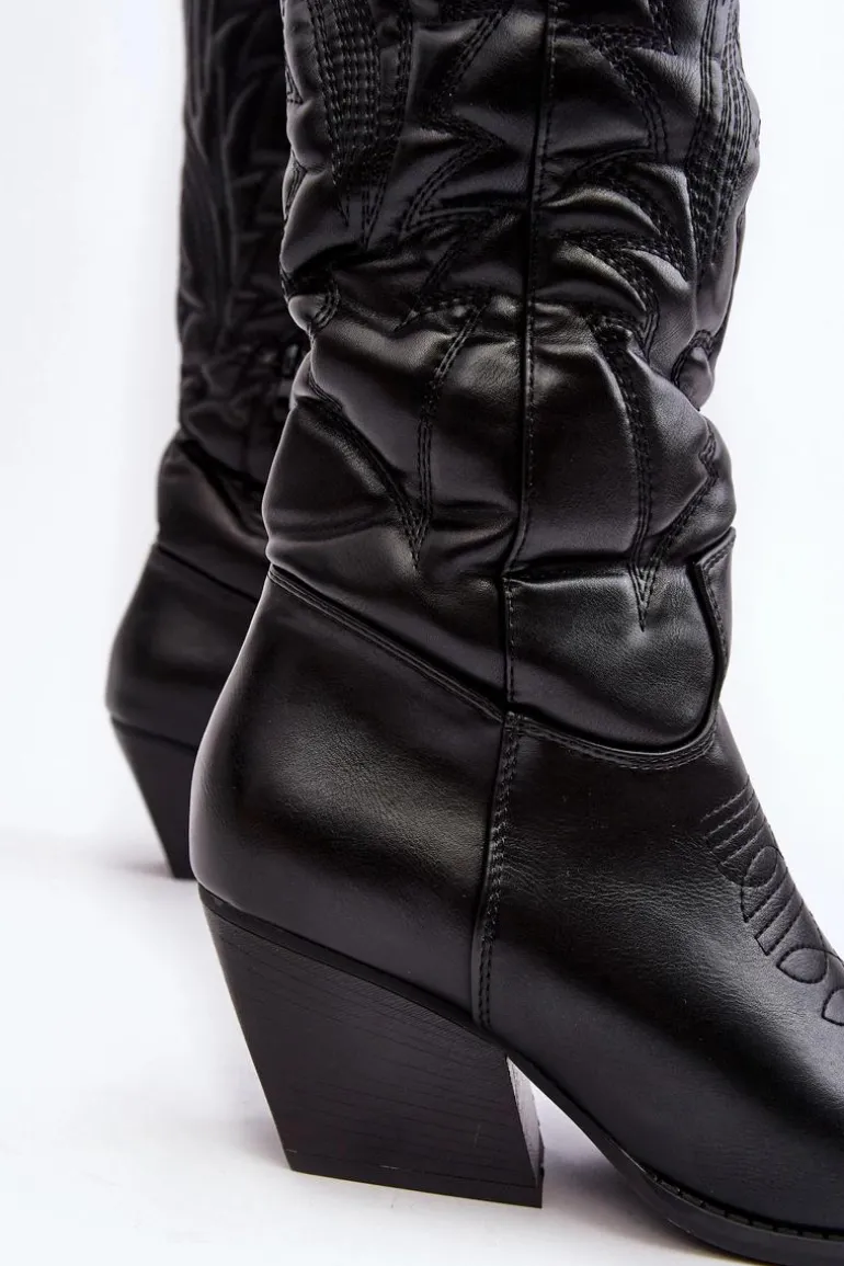 Damskie Skórzane Kozaki Kowbojki Na Słupku Czarne Sloana