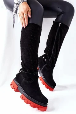 Damskie Skórzane Kozaki Lewski Czarne Zamszowe 2866