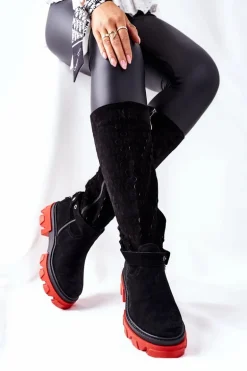 Damskie Skórzane Kozaki Lewski Czarne Zamszowe 2866