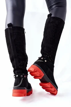 Damskie Skórzane Kozaki Lewski Czarne Zamszowe 2866