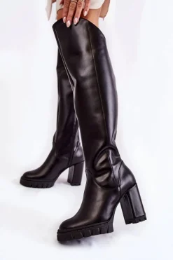 Damskie Skórzane Kozaki Muszkieterki Czarne Georgette