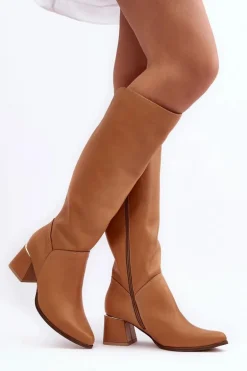 Damskie Skórzane Kozaki Na Obcasie Camel Lewski 2928/B/2
