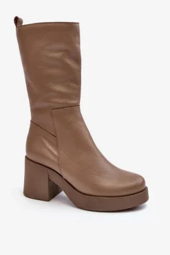 Damskie Skórzane Kozaki Na Masywnym Słupku Ciemnobeżowe Lemar Odennia