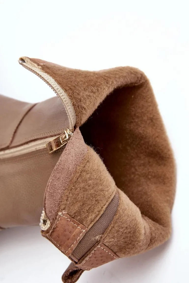 Damskie Skórzane Kozaki Na Masywnym Słupku Ciemnobeżowe Lemar Odennia