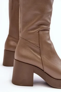 Damskie Skórzane Kozaki Na Masywnym Słupku Ciemnobeżowe Lemar Odennia