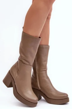 Damskie Skórzane Kozaki Na Masywnym Słupku Ciemnobeżowe Lemar Odennia