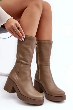 Damskie Skórzane Kozaki Na Masywnym Słupku Ciemnobeżowe Lemar Odennia