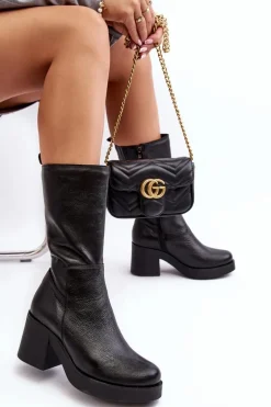 Damskie Skórzane Kozaki Na Masywnym Słupku Czarne Lemar Odennia