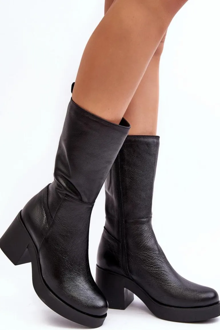 Damskie Skórzane Kozaki Na Masywnym Słupku Czarne Lemar Odennia