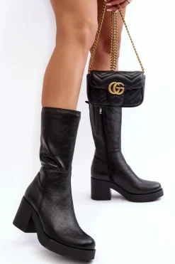 Damskie Skórzane Kozaki Na Masywnym Słupku Czarne Lemar Odennia