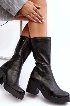 Damskie Skórzane Kozaki Na Masywnym Słupku Czarne Lemar Odennia