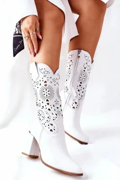 Damskie Skórzane Kozaki na Słupku Białe Lewski 2923 Pick Me Up